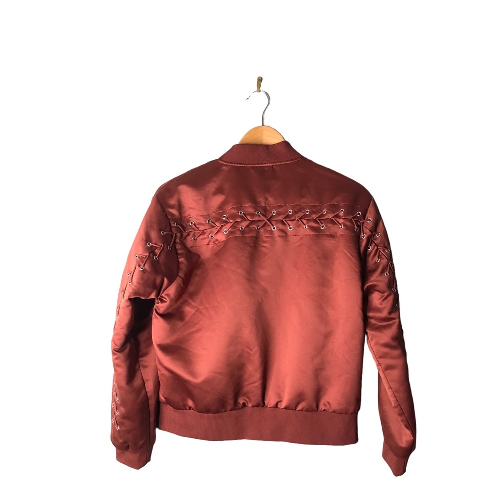 Forever 21 | Maroon satin bomber jacket lace up sleeves and back statement coat - Picture 6 of 11